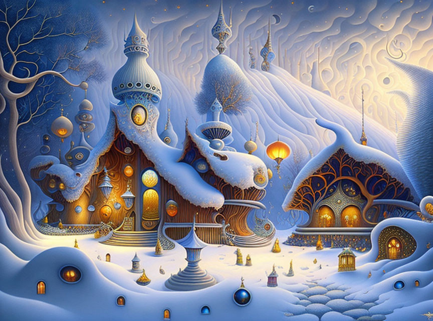 Fantasy winter scene with glowing lights and intricate snow patterns