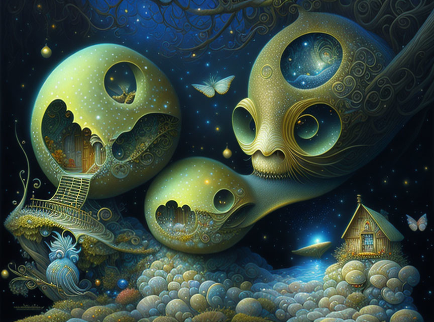 Whimsical floating orbs with faces and embedded houses in surreal artwork