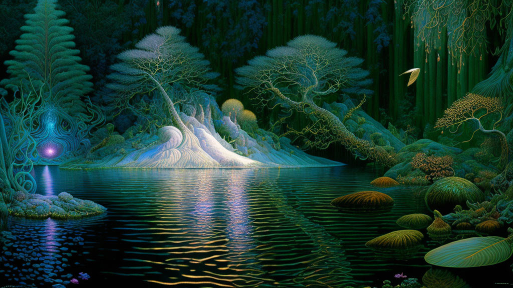 Luminescent Fantasy Forest with Glowing Flora and Serene Lake