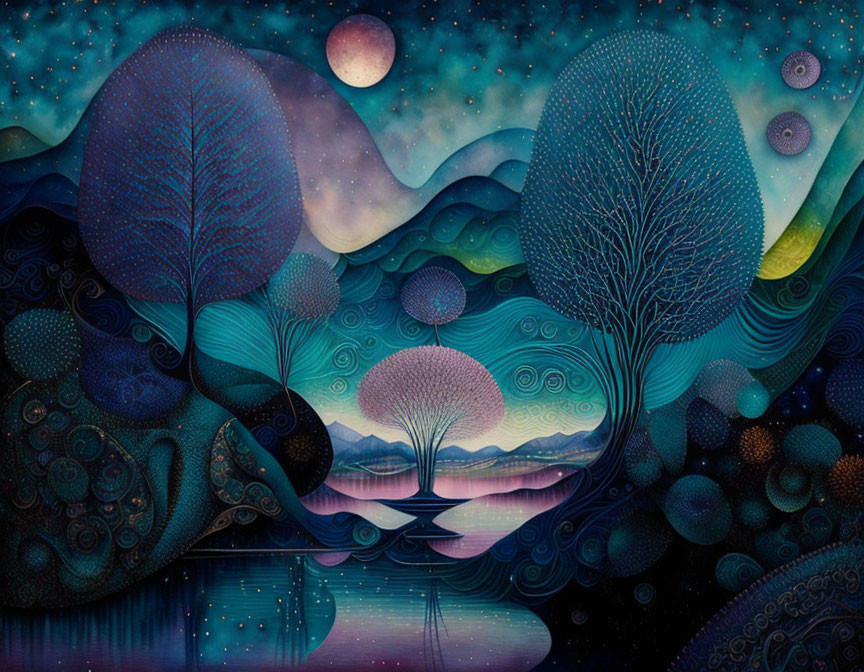 Colorful Night Landscape Painting with Trees, Lake, and Moon