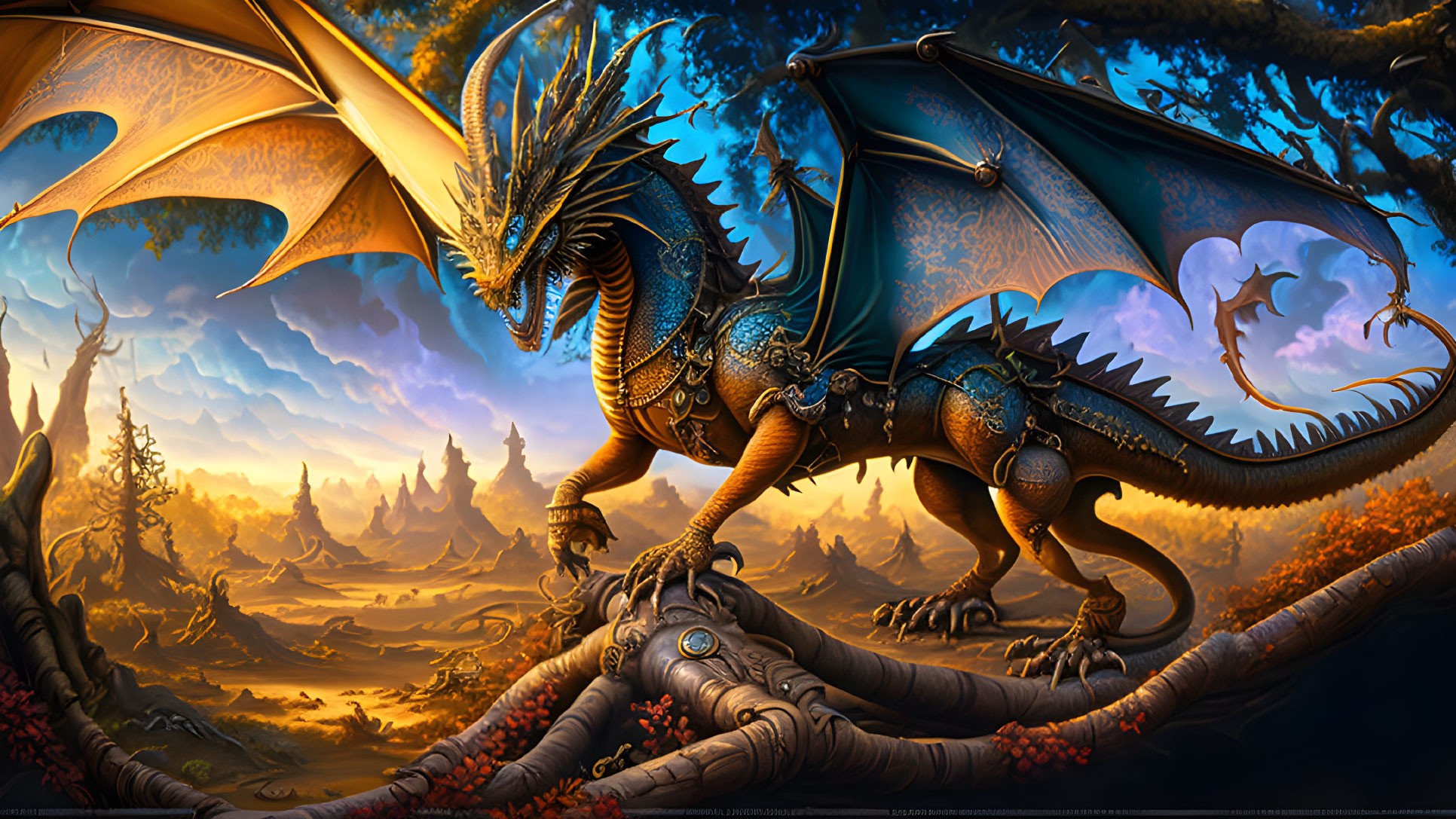 Majestic dragon on twisted tree trunks in vibrant fantasy landscape