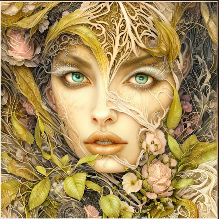 Detailed artwork: Woman's face with green eyes, floral patterns, leaves, and metallic elements.