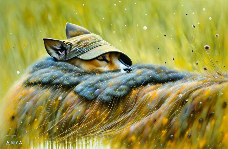 Whimsical fox painting in field with hat, dreamlike textures, vibrant hues