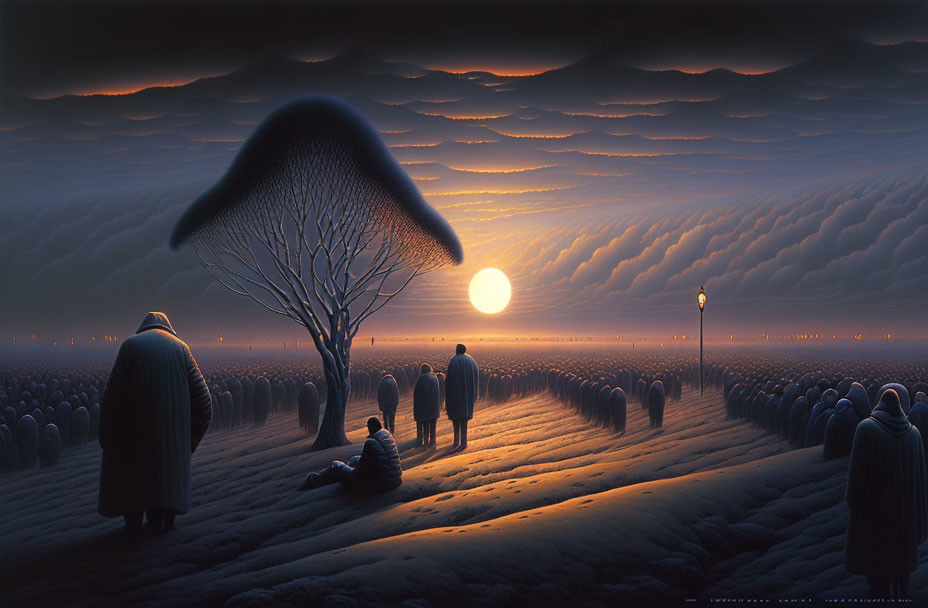 Surreal dusk landscape with cloaked figures, lone tree, and oversized hat above, people watching