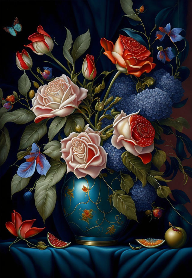 Colorful floral arrangement with roses, butterflies, and berries in blue vase