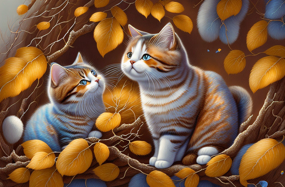 Realistic animated kittens with blue-grey stripes among golden yellow leaves