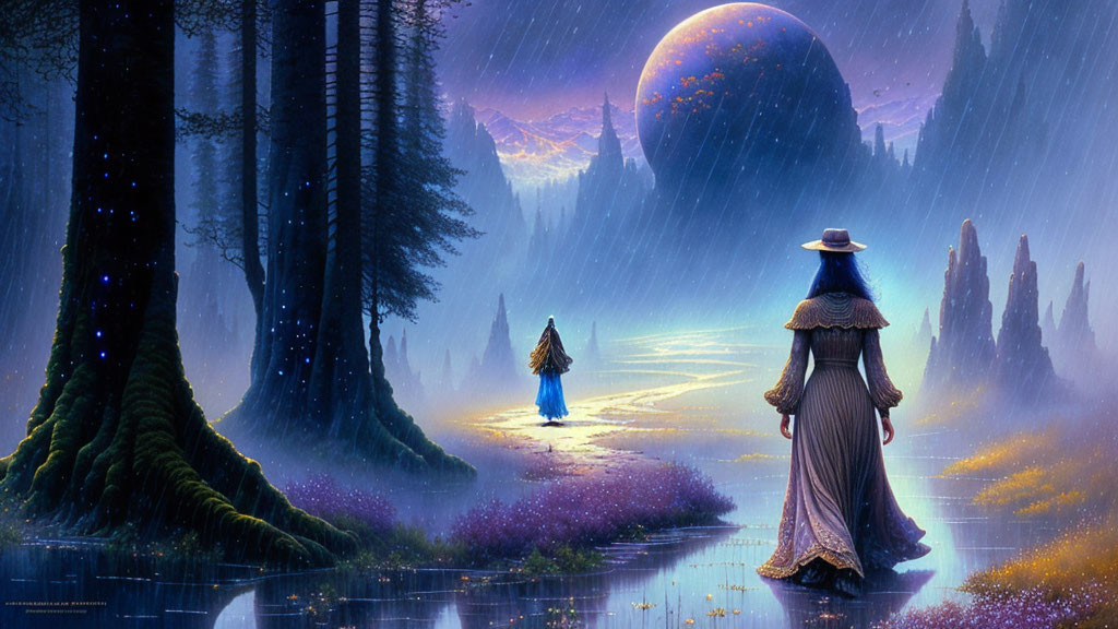 Mystical forest scene with cloaked figures and giant planet in vibrant purple setting