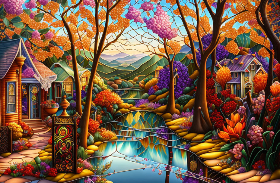 Colorful whimsical garden illustration with blooming trees and serene pond at sunset