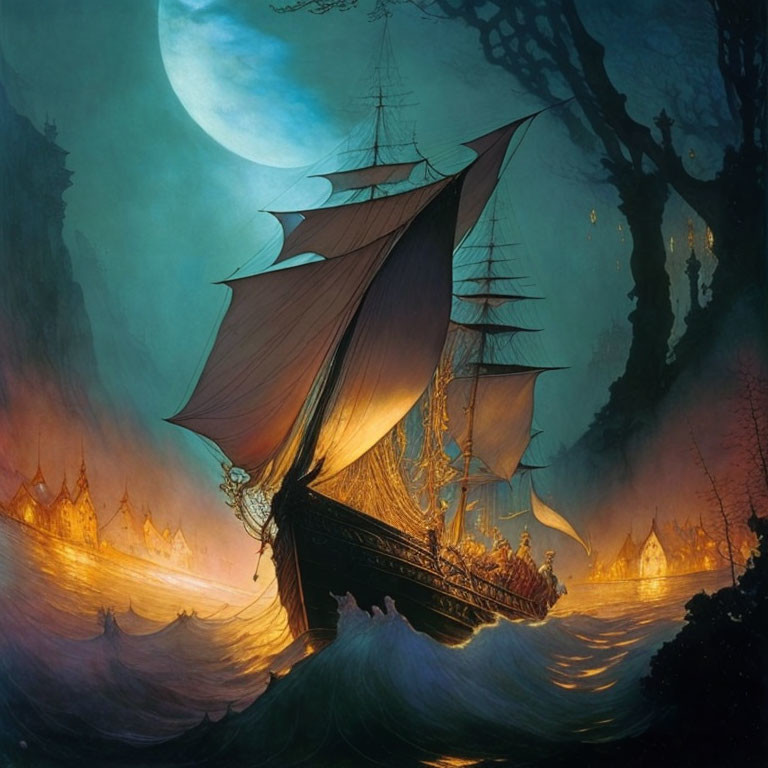 Fantastical painting: old ship on turbulent sea, large moon, glowing forest