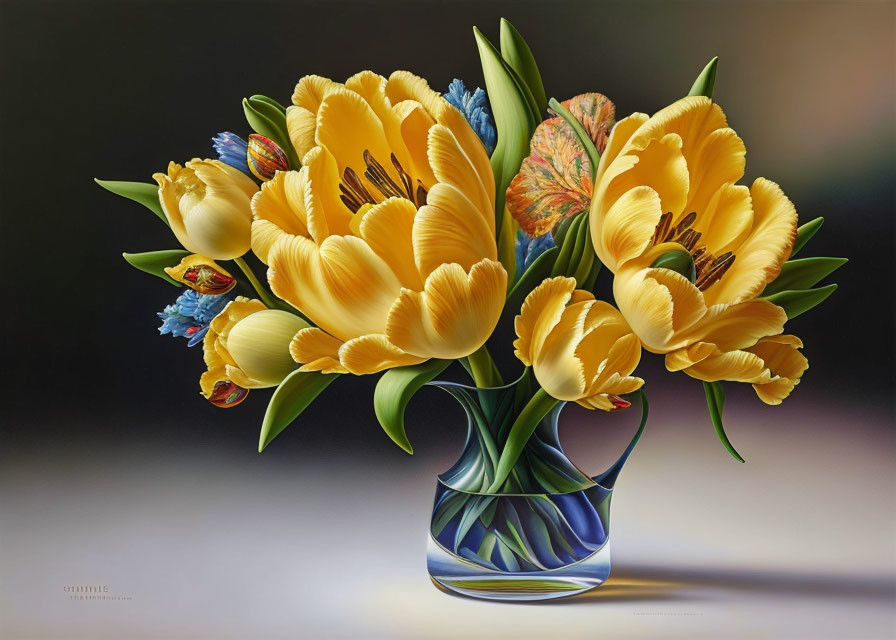 Colorful Still Life Painting of Yellow and Blue Flowers in Glass Vase