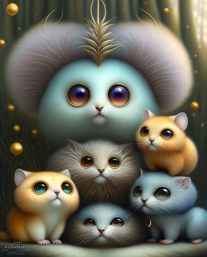 Illustration: Six fluffy cats with expressive eyes in mystical forest.