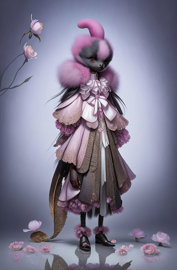 Bird-like anthropomorphic creature in elegant floral dress