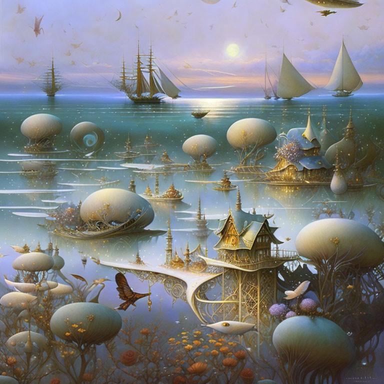 Fantasy seascape with floating islands and sailing ships at twilight