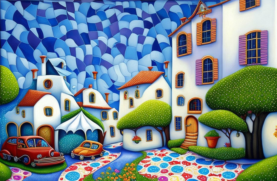 Colorful Whimsical Village Painting with Rounded Houses and Cartoonish Cars