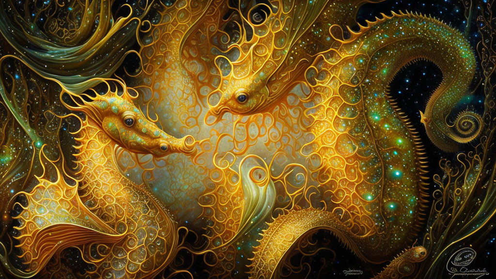 Golden intertwined seahorse-like creatures on cosmic backdrop