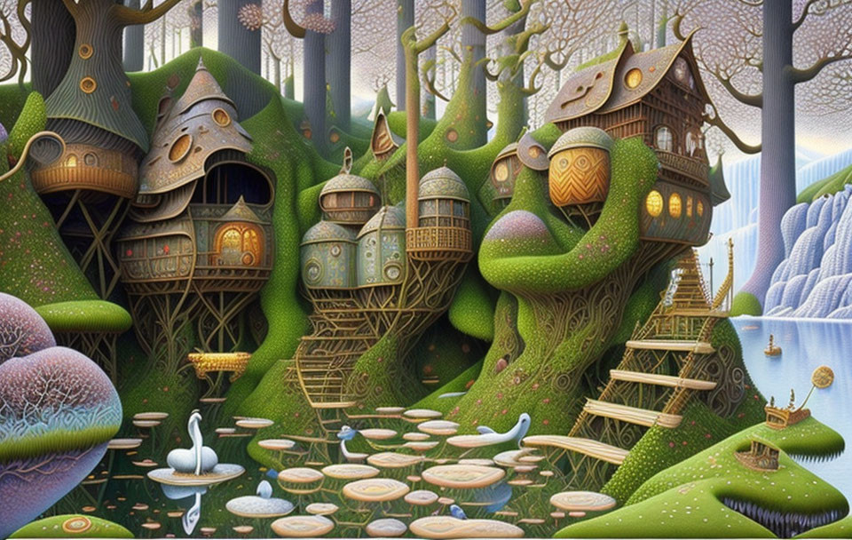 Whimsical treehouses in fantasy landscape with swan pond and waterfall