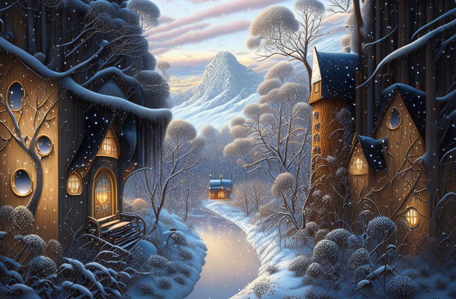 Fantasy winter treehouse in snowy landscape