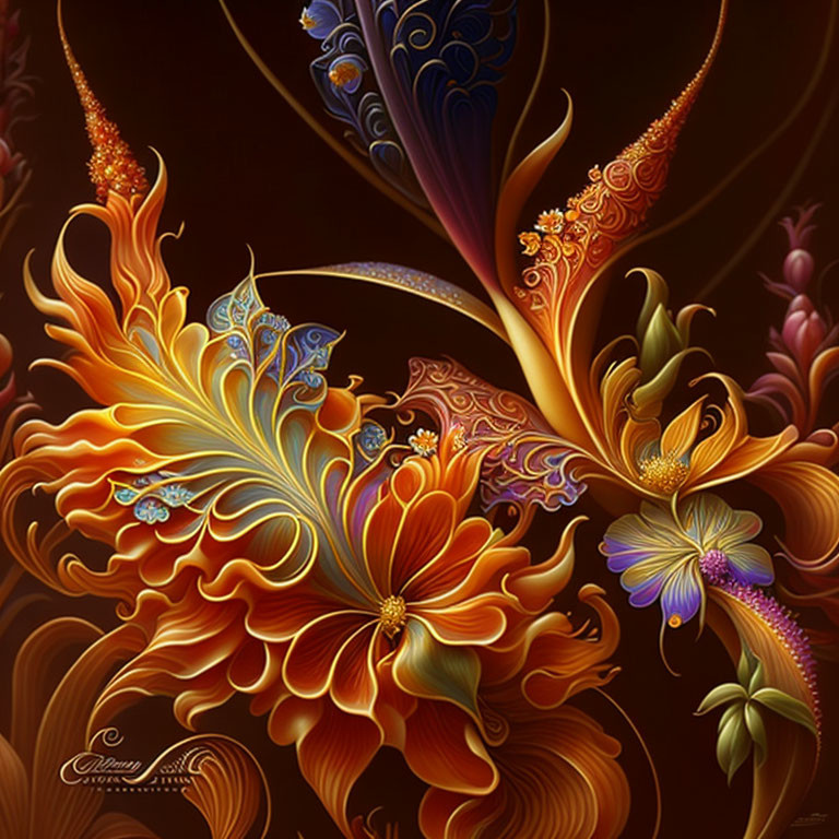 Vivid Fantasy Floral Art: Orange, Blue, Purple Hues