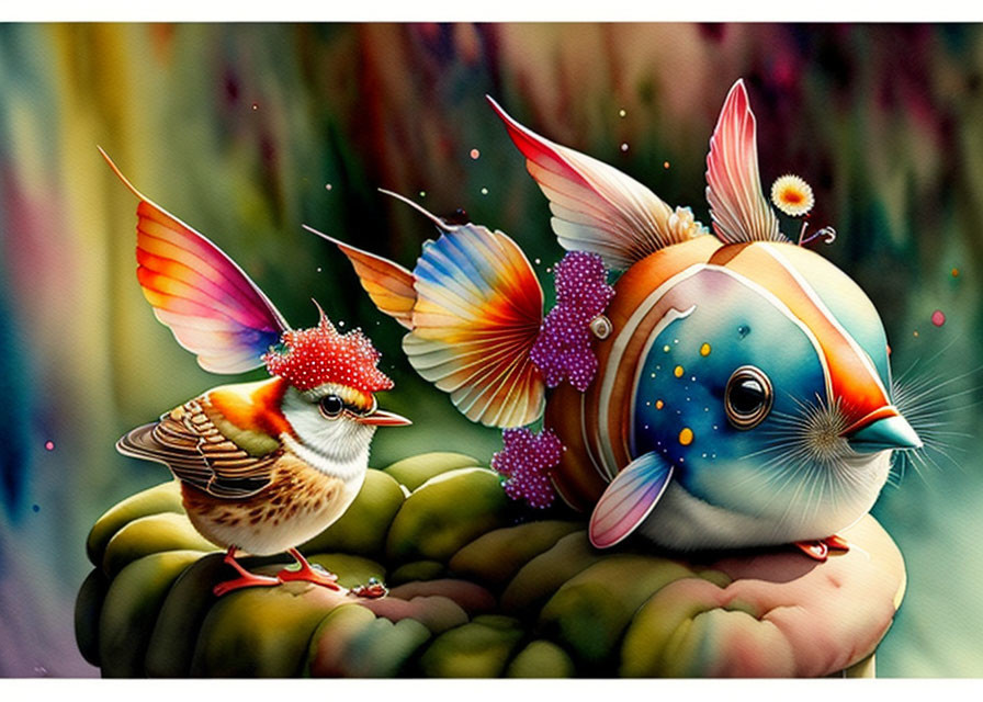 Vibrant surreal artwork: bird with butterfly wings on fish