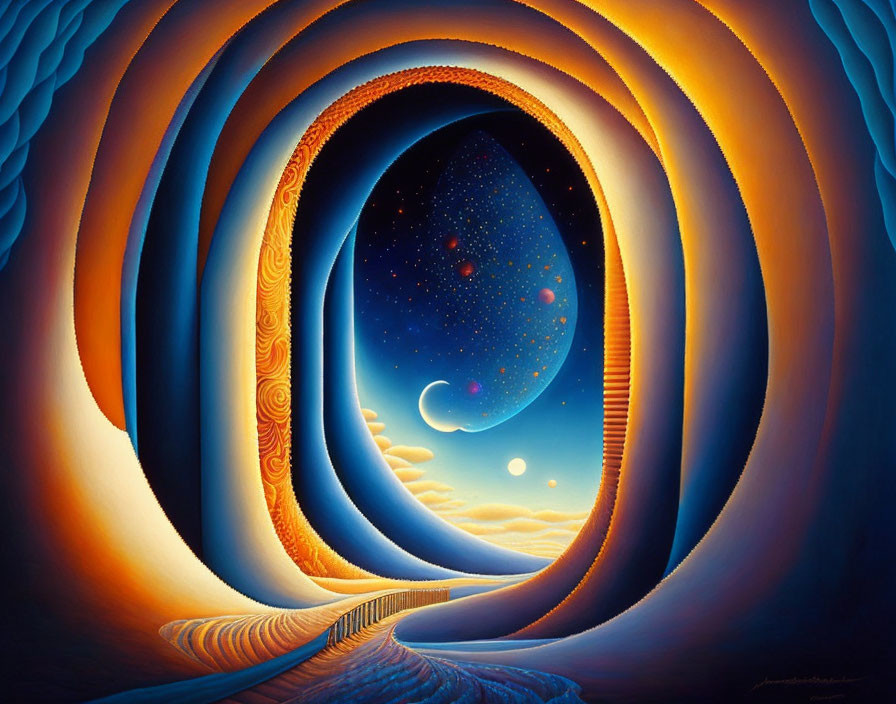 Vibrant surreal painting of undulating portal with warm to cool tones, night sky, stars,