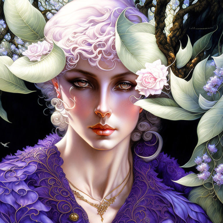 Fantasy creature with white hair, golden eyes, and pointed ears in a floral setting wearing purple attire