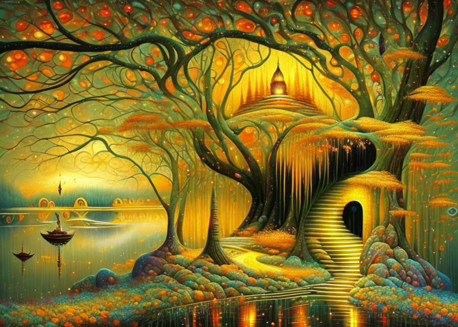 Fantastical glowing tree dwelling in golden landscape