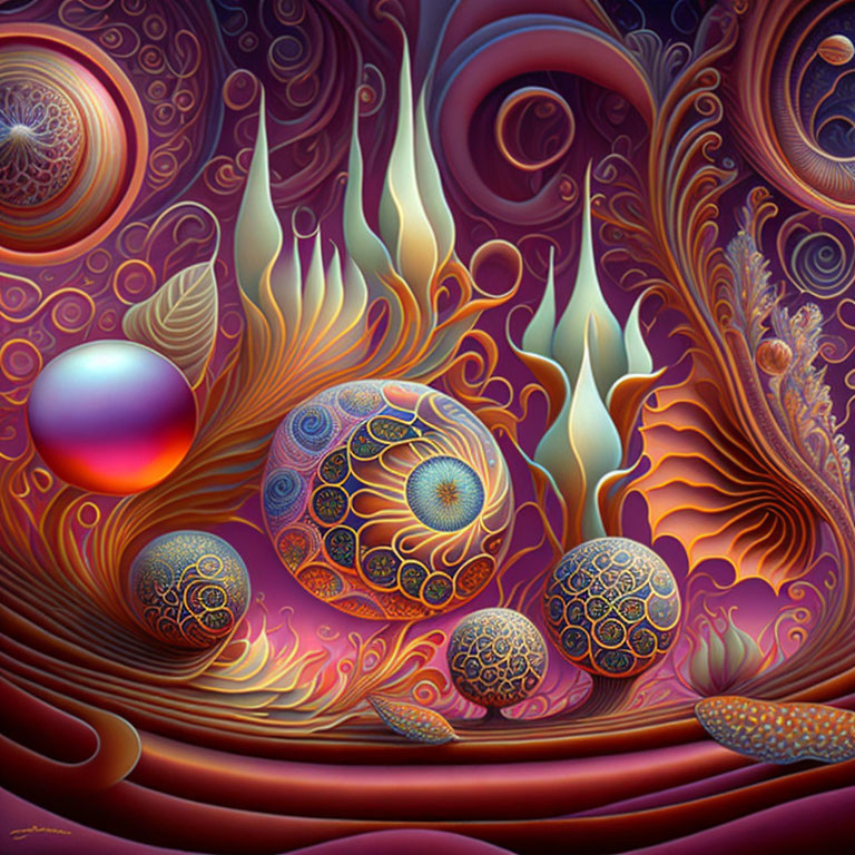 Abstract swirling patterns and intricate orbs in purple and red color scheme