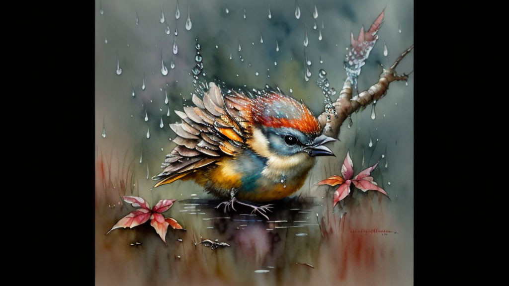 Colorful plump bird with intricate feathers on wet surface with raindrops and red leaves