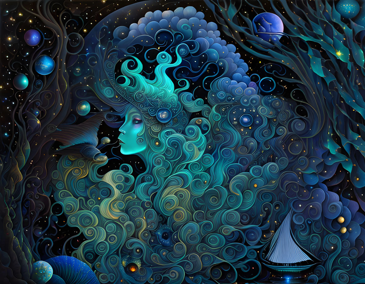 Surreal profile of a woman with cosmic, marine, and celestial elements