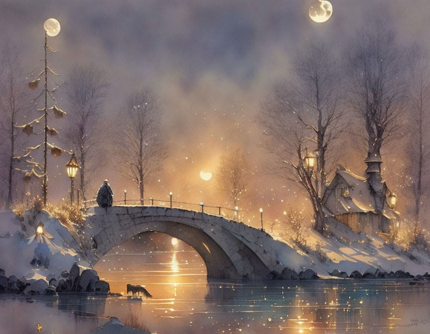 Snow-covered bridge over river with person and dog, chapel, festive trees, moonlit starry sky