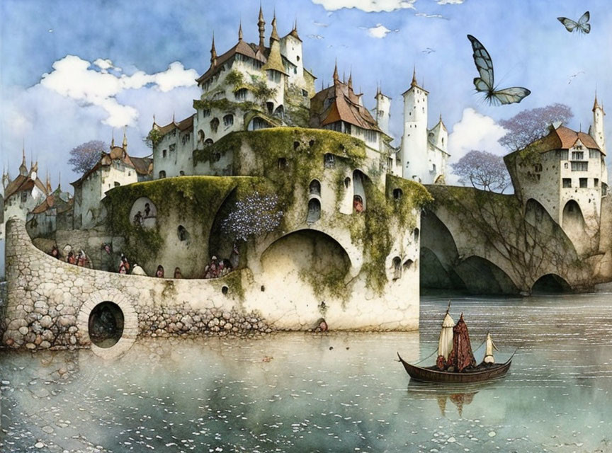 Illustration of sprawling castle on hill with towers, arches, river, boat, and butterflies