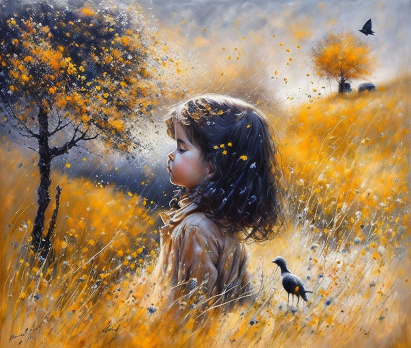 Young girl in vibrant yellow meadow with butterflies under soft glowing light