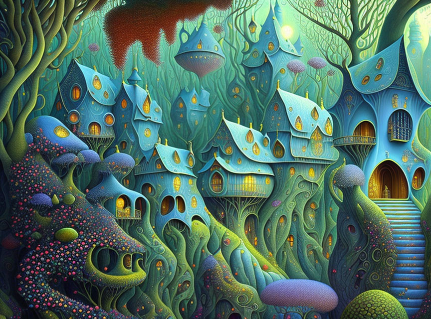 Colorful Forest with Mushroom-Shaped Houses and Glowing Orbs in Enchanting Landscape