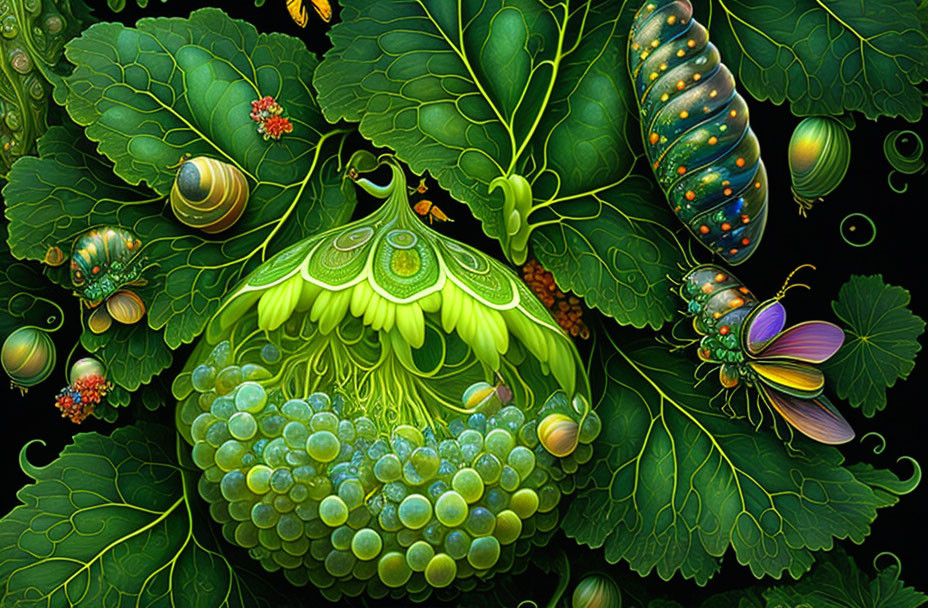 Colorful digital artwork: Green moth, caterpillar, beetles, snails in leafy setting