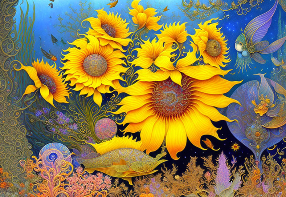 Colorful sunflower illustration with marine life and coral details on blue background