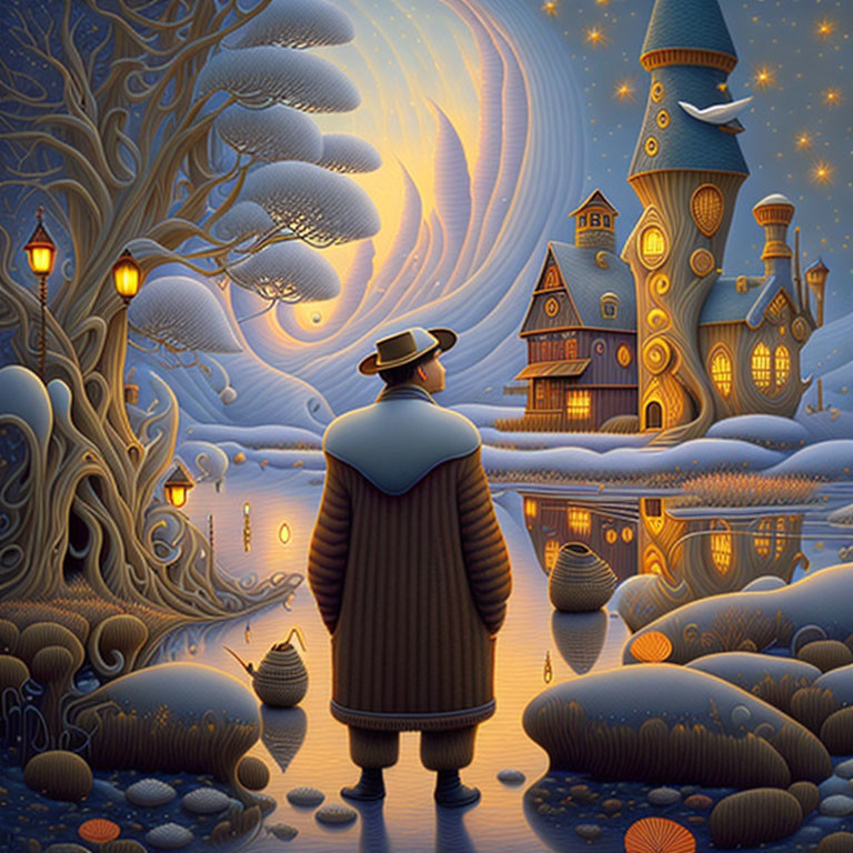 Person in coat and hat gazes at whimsical nighttime landscape with swirling sky, lanterns, and