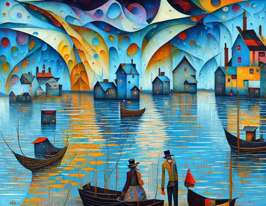 Vibrant artwork of people by boats in whimsical village