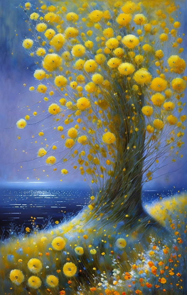 Vibrant yellow tree with dandelion-like blossoms on dreamy blue background