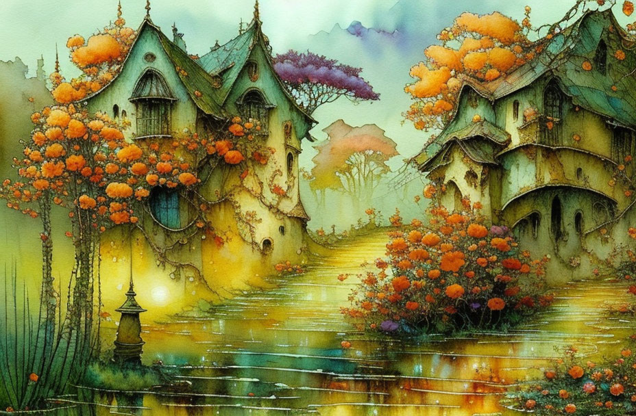 Whimsical fantasy artwork: Thatched roofs, orange flora, tranquil waterbody