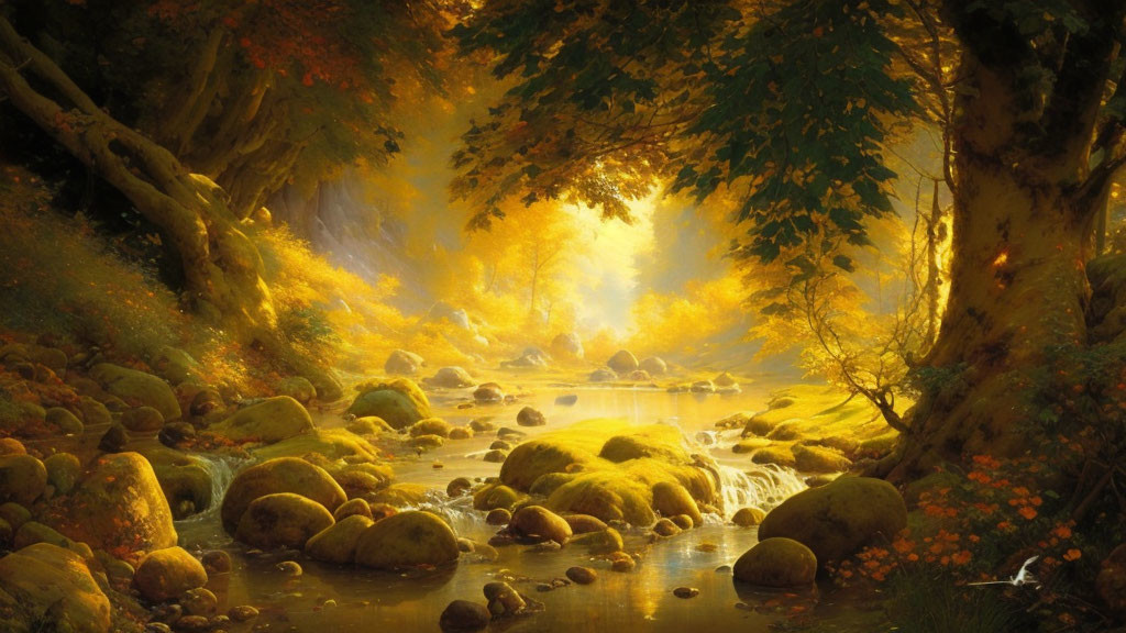 Tranquil Forest Scene with Stream and Sunlight