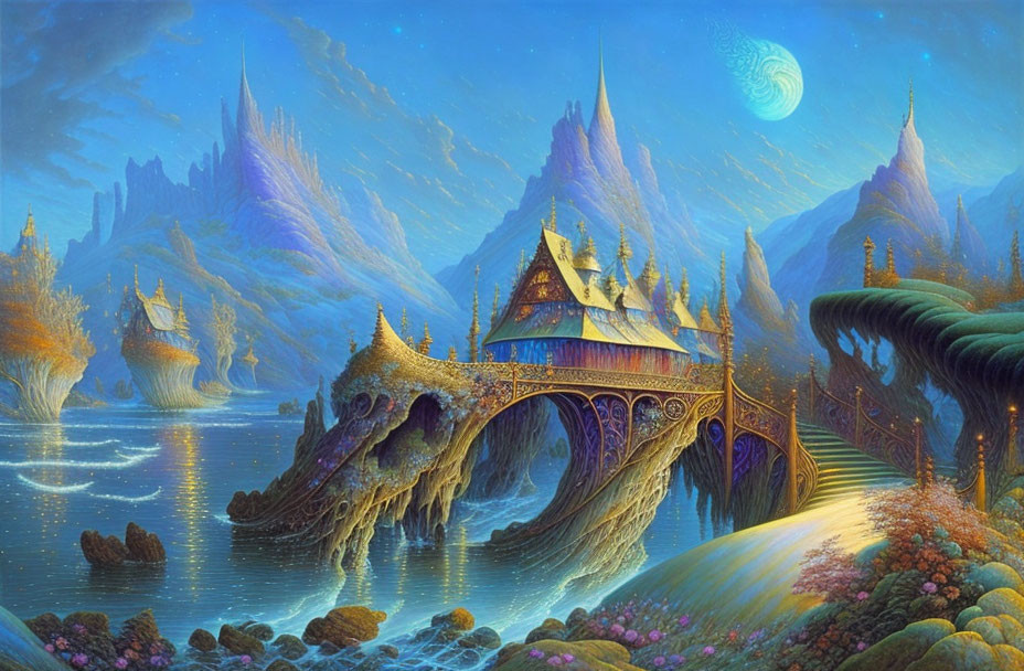 Vibrant surreal landscape with intricate bridges and fantastical structures