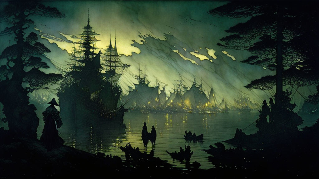 Silhouetted figures in boats on mystical night scene with illuminated oriental town by water's edge