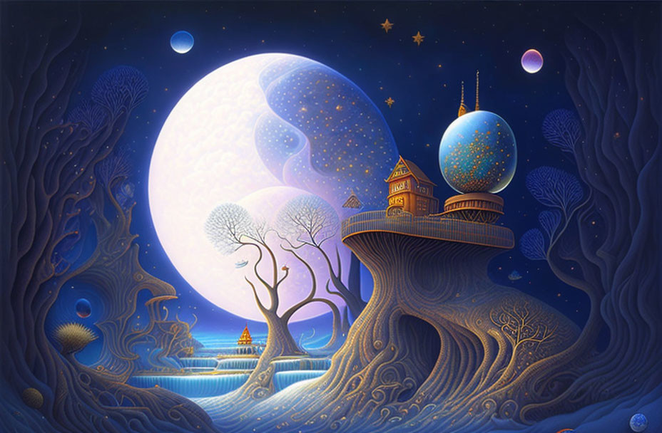 Night scene illustration with moon, stars, tree house, pathways, and water in surreal setting.