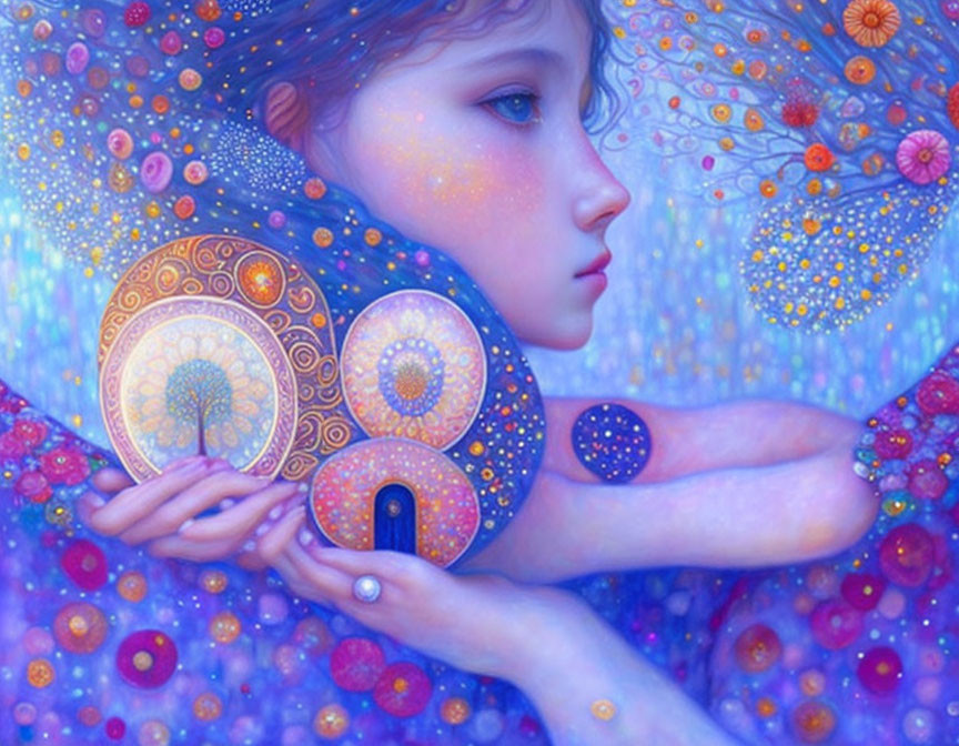 Whimsical girl in cosmic setting with blue and purple hues and ornate circular objects.