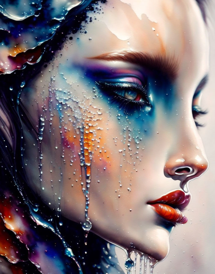 Colorful makeup palette on woman with water droplets