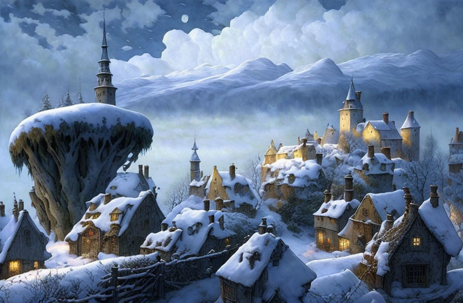 Fantasy winter village with snow-covered houses on giant mushroom under starry sky