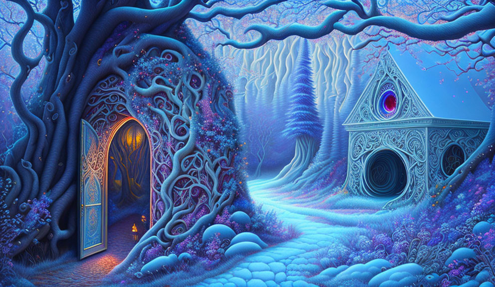 Enchanting tree with door and whimsical house in mystical fantasy landscape