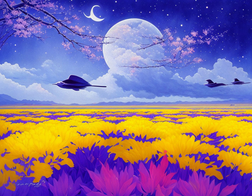 Field with yellow and purple flowers under starry night sky, moon, birds, tree branches