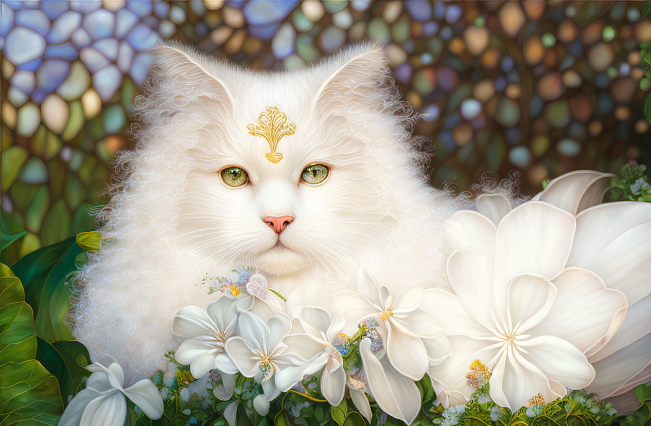 Fluffy White Cat with Gold Markings and Green Eyes Surrounded by Flowers on Stained Glass