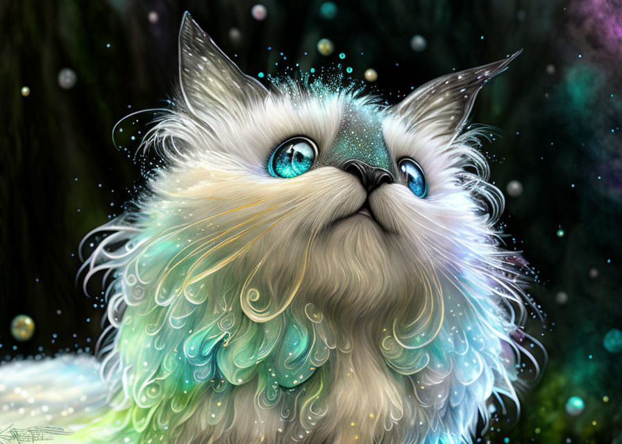 Fluffy white cat with blue eyes in mystical setting